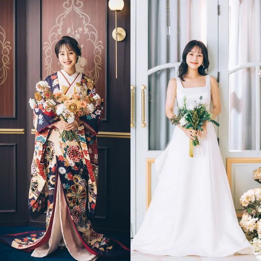                ドレスと打掛を着た2人の新婦様     