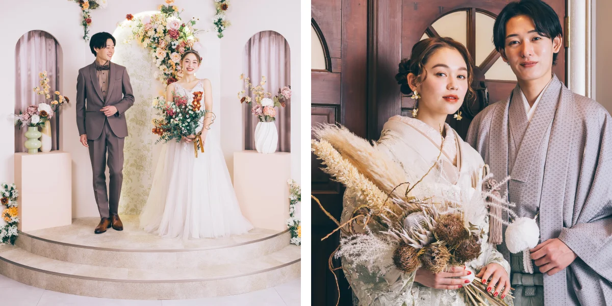 ウェディングドレスと打掛を着ている四人の新婦様