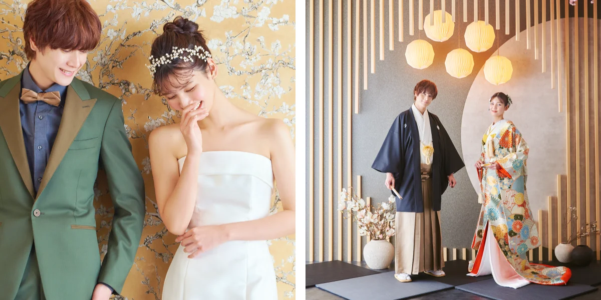 ウェディングドレスと打掛を着ている四人の新婦様