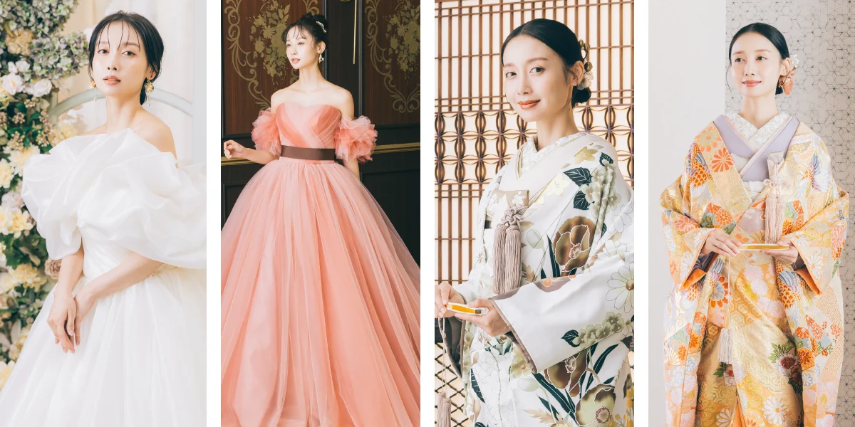 腕を組んで微笑み合う新郎新婦様