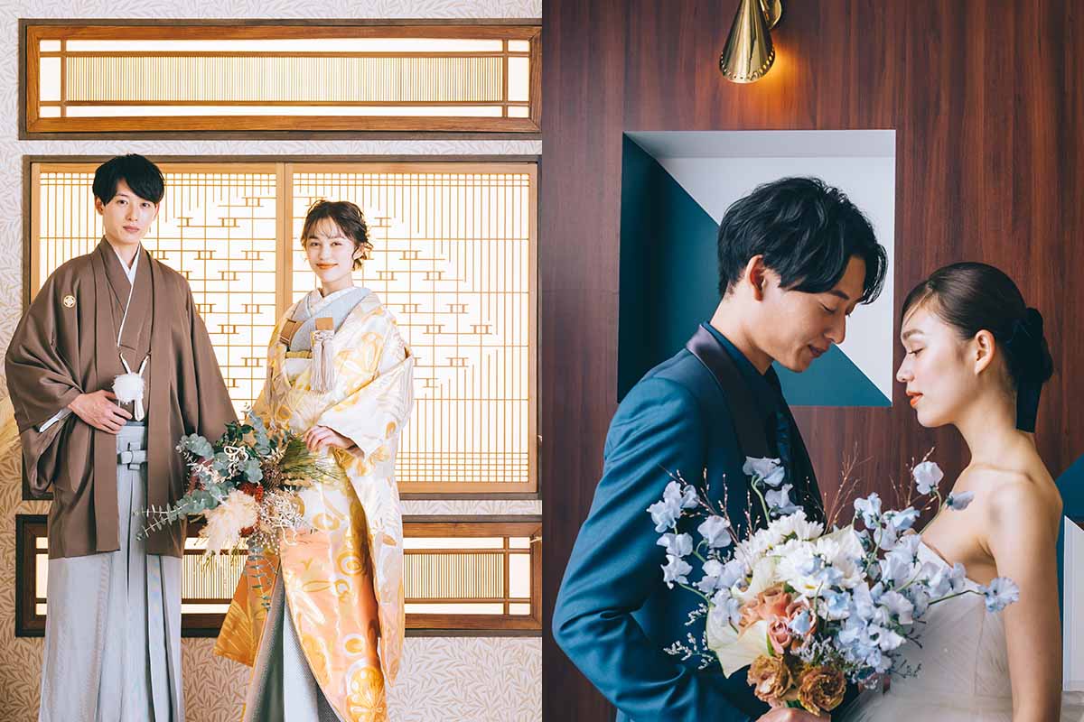 和装姿の新郎新婦様と洋装姿で見つめ合う新郎新婦様