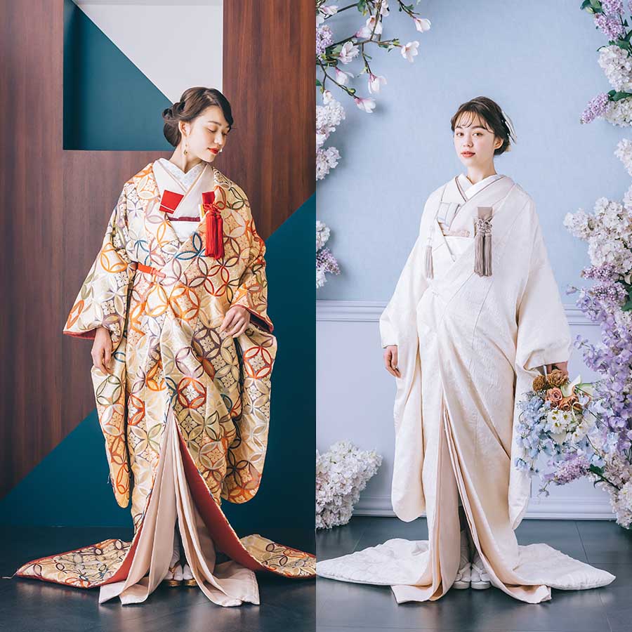                     白無垢と色打掛を着装した2人の新婦様