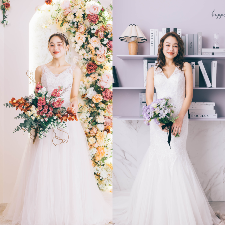 ドレスが吊るされたメイクルームの様子