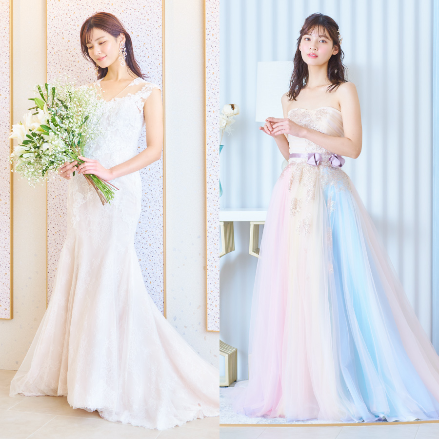 ドレスが吊るされたメイクルームの様子