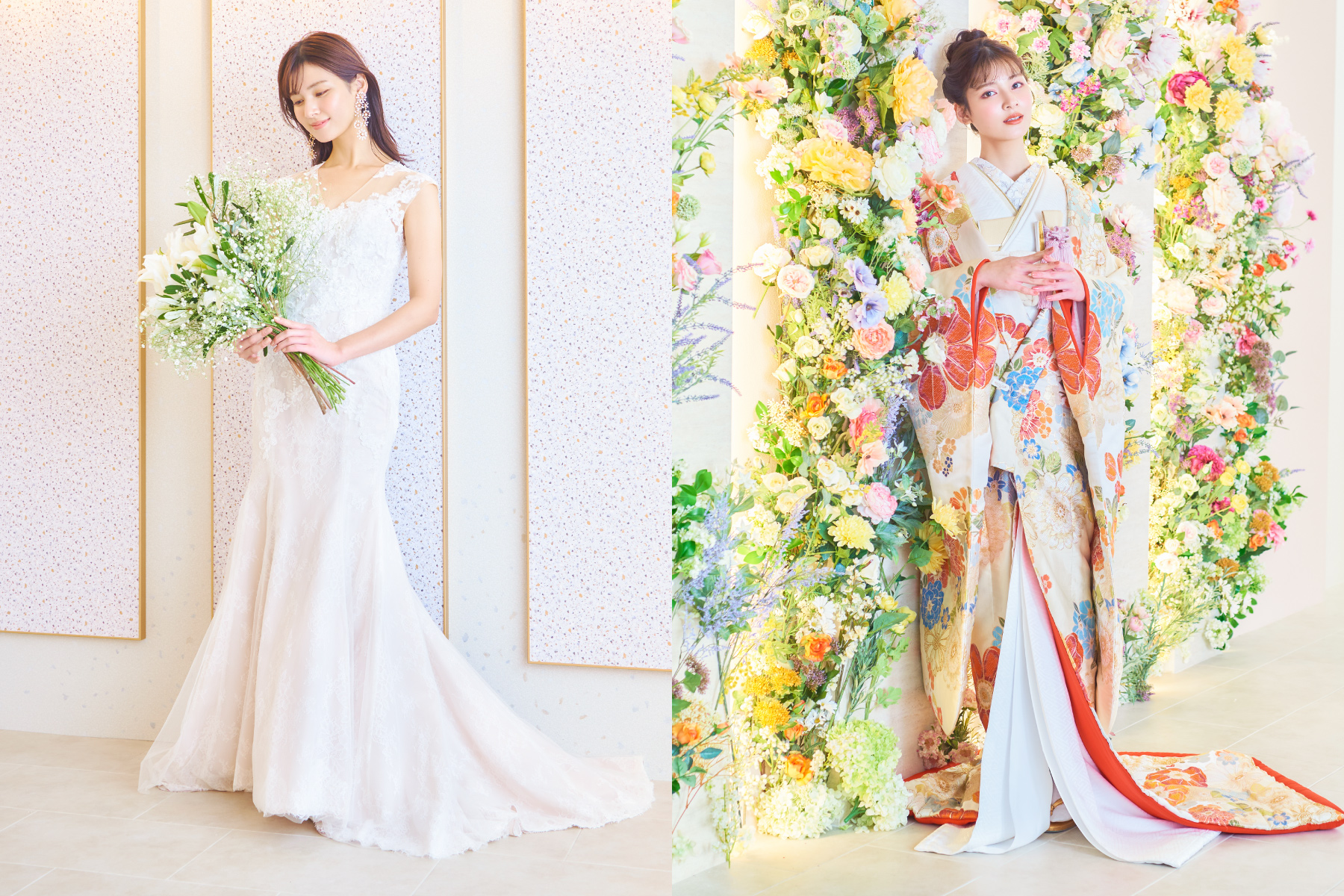 ウェディングドレスと色打掛を着た2人の新婦様