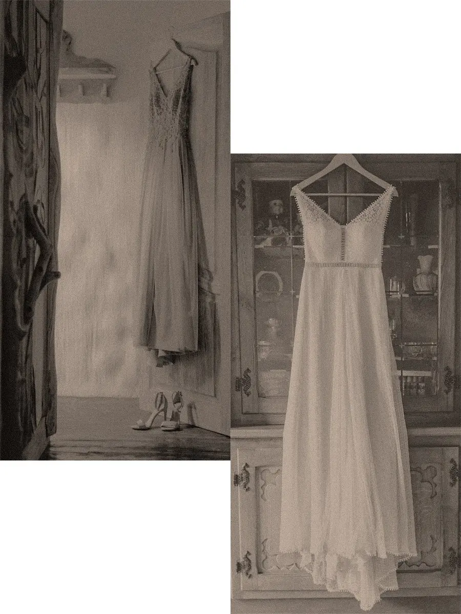 出番がなくなって吊るされたままのドレスの写真