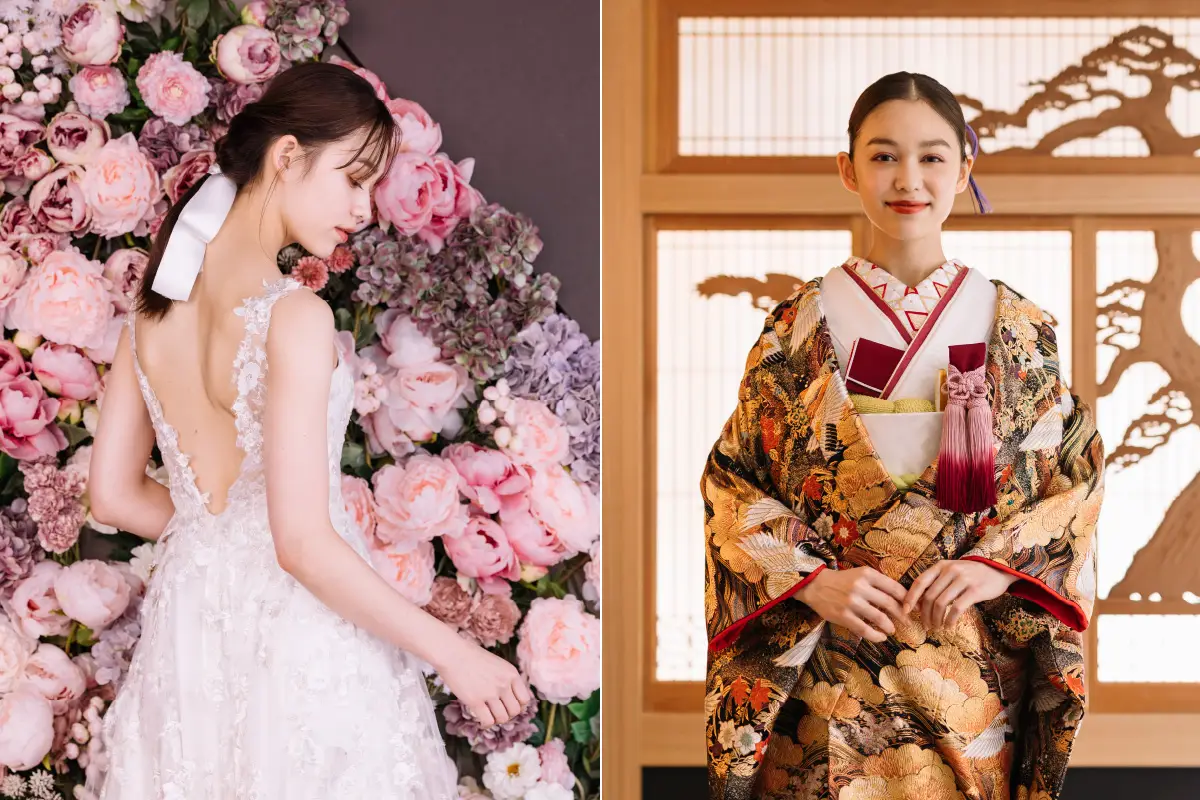 ウェディングドレスと色打掛を着た二人の新婦様