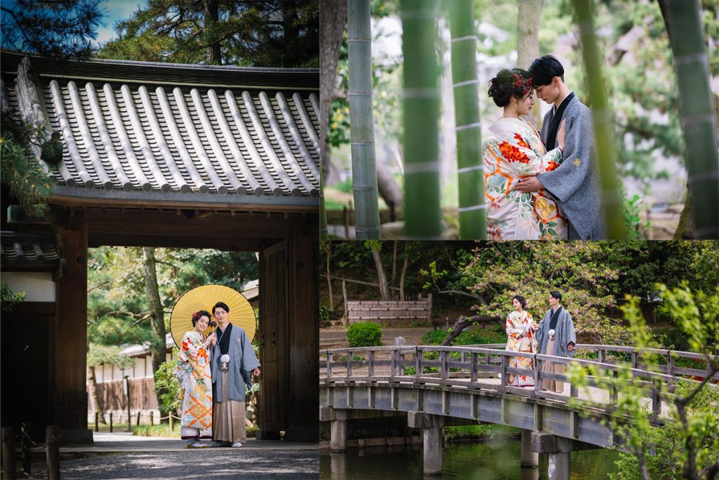 広大な日本庭園での様々な和装撮影のコラージュ