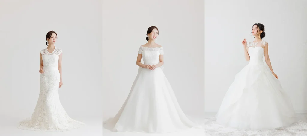 妊娠中でも着やすい胸元のデザインがあるドレスのコラージュ